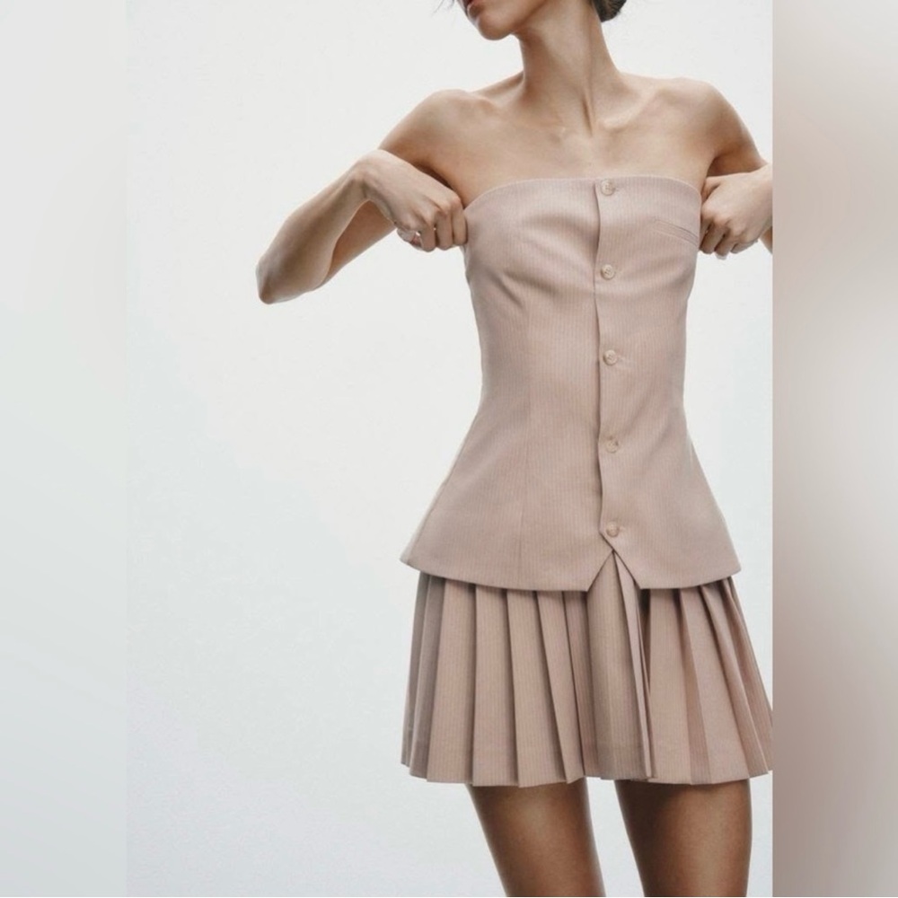 Zara Tan & White Strapless Pleated Button Up Dress - Size Large